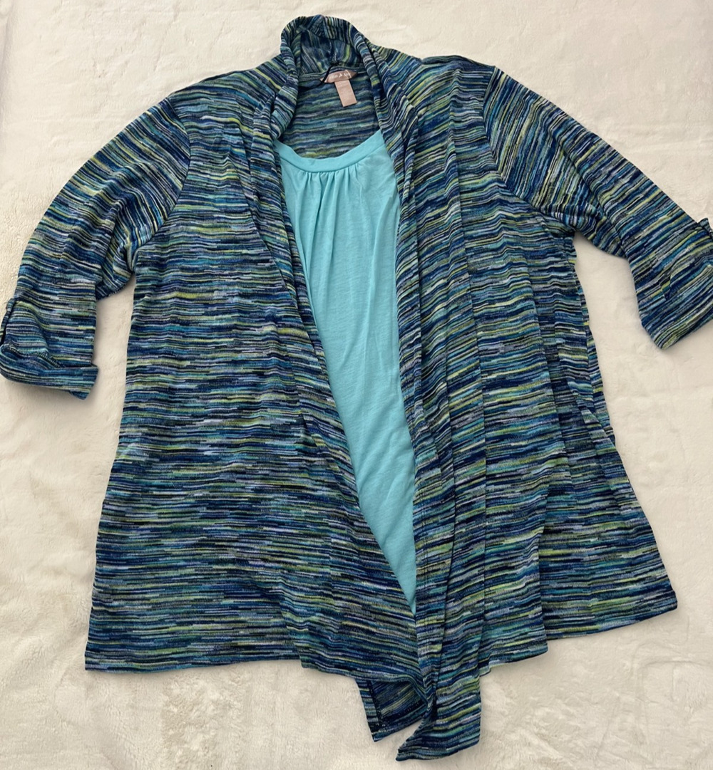 White Stag Womens 2X 18W 20W Blue Green Striped Layered Cardigan Top